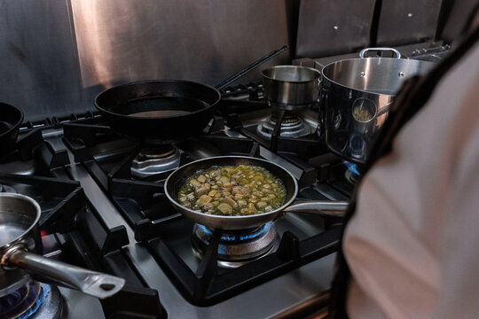 Cooking vegetables in frying pan 