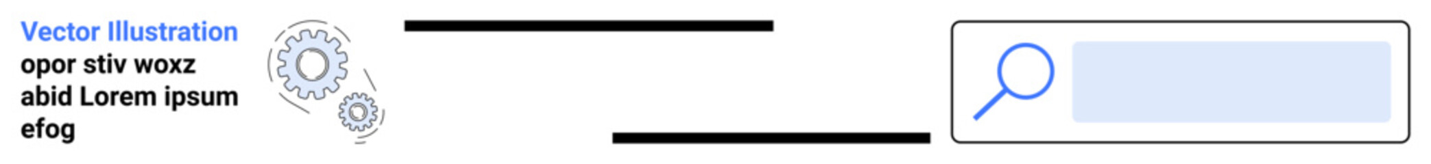 Digital innovation, optimization, search engines, technology tools, online solutions, design development. Magnifying glass icon and gear next to a search bar. Innovation and optimization concept
