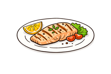 Grilled salmon fillet with lemon and vegetables on white plate