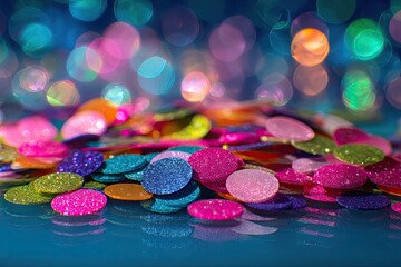 Array of vibrantly colored scattered confetti creating a festive celebration backdrop with soft bokeh lights