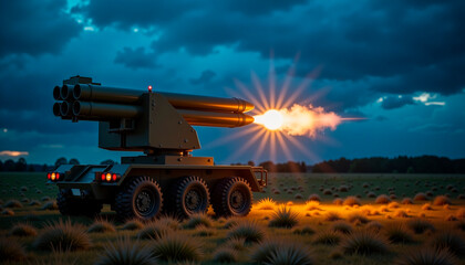 Fototapeta premium Military rocket launcher firing against dramatic evening sky 