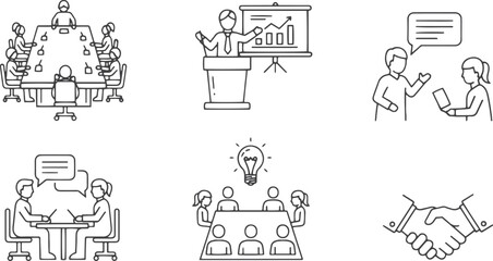 Fototapeta premium Business Meeting, Teamwork & Presentation Line Icons Set