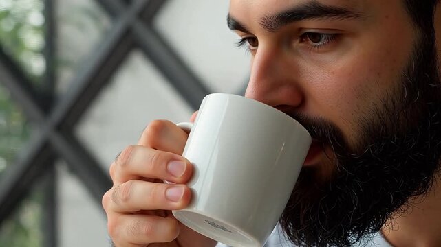 Man drinking from a white mug