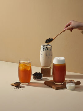 Delicious selection of bubble tea in glasses