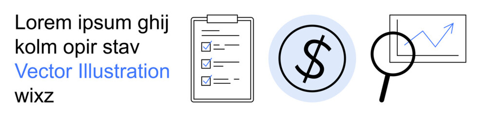 Obraz premium Financial planning, data analysis, business strategy, investment, auditing, performance tracking. Series of icons including a checklist, dollar sign and magnifying glass on a chart. Financial