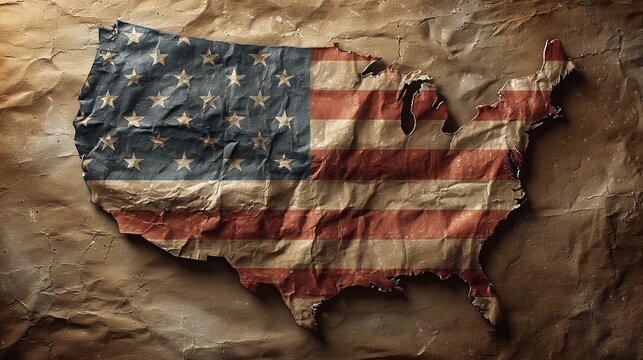 A weathered US map features the American flag&rsquo;s stars and stripes. Textured fabric evokes historical depth and national pride.