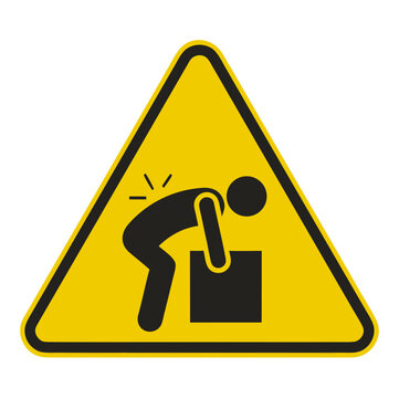 Manual handling hazard warning sign with figure lifting box  