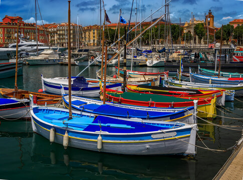 Colorful old wooden fishing boats in Lympia port of Nice, France, Cote d Azur