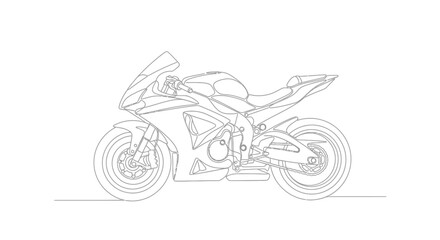 Continuous line drawing of a modern sport motorcycle in profile view.