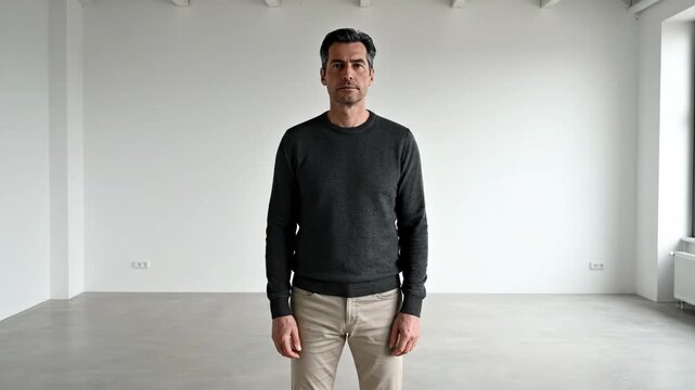 Confident man standing in empty room with minimalistic decor. Man exudes confidence while wearing casual attire in bright, open space. Concept of modern lifestyle for personal branding videos.