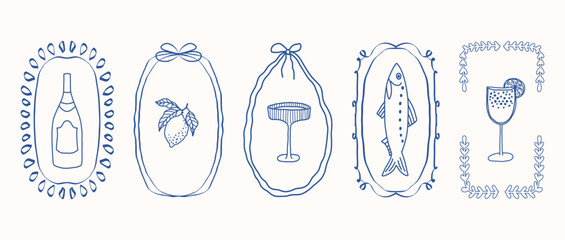 Whimsical blue hand-drawn ribbon and bow frames with lemon, fish, glass, wine bottle, cocktail in vintage coquette style on white background. Vector designs. Set for menu, greeting cards, party decor. © Екатерина Тарасова