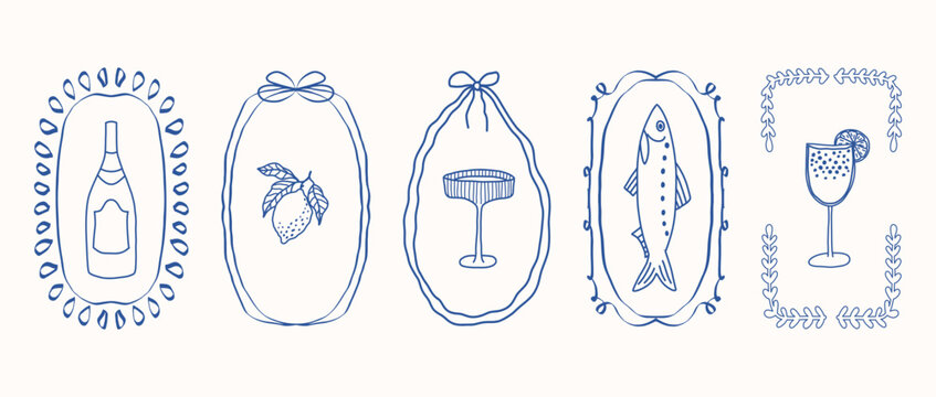 Whimsical blue hand-drawn ribbon and bow frames with lemon, fish, glass, wine bottle, cocktail in vintage coquette style on white background. Vector designs. Set for menu, greeting cards, party decor.