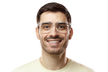 Fototapeta premium Positive emotions, facial expressions and happiness concept. Joyful modern optimistic man smiles broadly, shows white perfect teeth, isolated on pink background