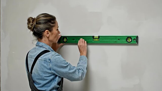Woman using level tool for wall alignment in home improvement project. Woman checks precision with level tool against wall, ensuring accurate measurements during installation.