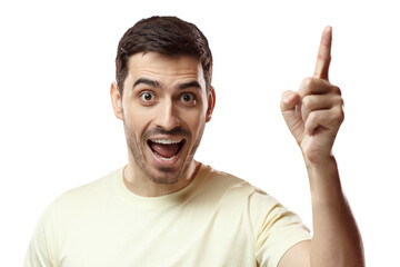 Eureka!  I have an idea! Solution sign concept. Handsome man keeping finger pointed upwards, showing something above his head, making gesture with index finger
