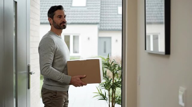 Man receiving package at home entrance with box in hands, enjoying delivery moment. Delivery provides convenience and excitement of packages arriving, enhancing daily life experience.