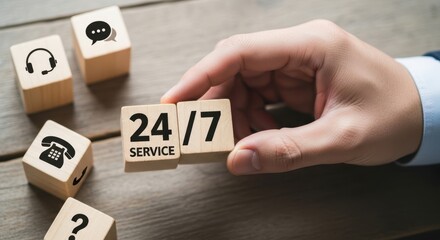 Businessman Hand Selecting 4 7 Service Option on Wooden Cubes with Customer Support Icons