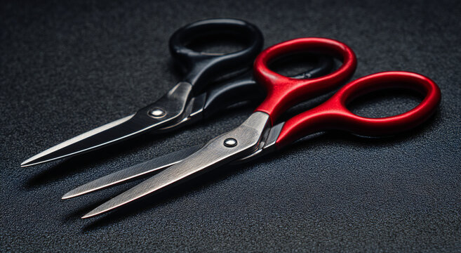 Black and red scissors pair on white background, isolated product photography
