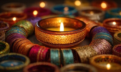 A candle is lit in a glass bowl with a colorful band