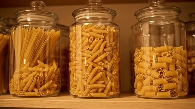 Pasta stored in glass jars on kitchen shelf