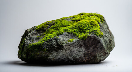 Large gray rock covered in green moss on white background, photorealistic CGI rendering