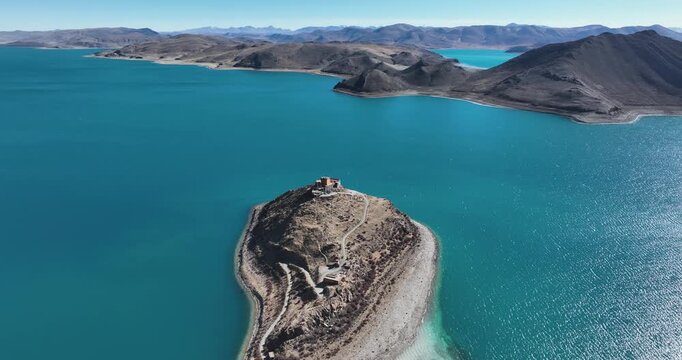 Aerial footage of  beautiful landscape of Yamdrok Yumtso lake in Tibet, China