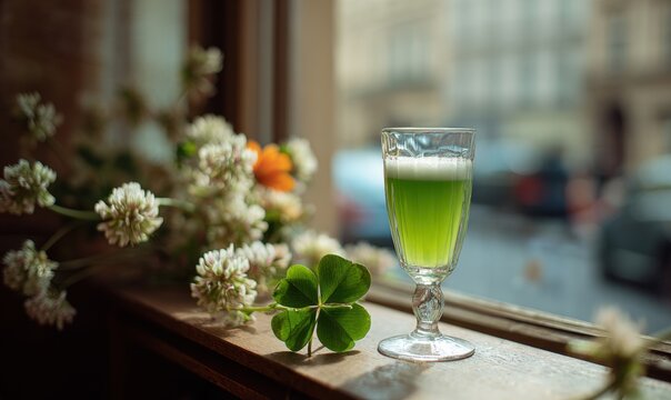 A glass of green liquid is sitting on a window sill next to a flower