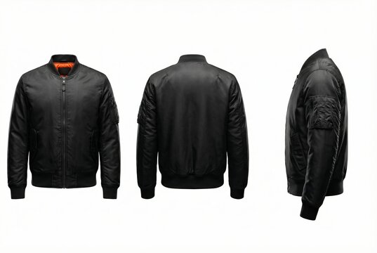 Black bomber jacket displayed from three different angles on a white background