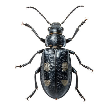 Top view of a black spotted ground beetle isolated on a white background.