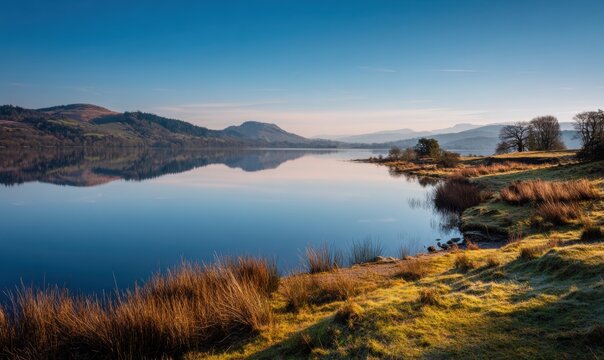 A lake with a reflection of the mountains in the water