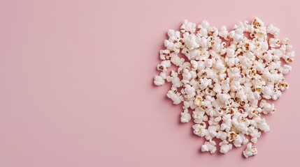 Fototapeta premium Popcorn is arranged to form a heart shape on a pastel background. This setup is ideal for parties or special occasions with a light and playful theme