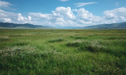 Obraz premium A large field of grass with a few flowers in it
