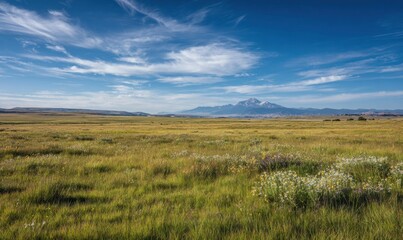 A large field of grass with a mountain in the background