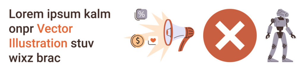 Obraz premium Digital marketing, technology trends, information errors, communication design, content creation, automation. Various icons including megaphone, money symbol error mark and robot. Digital marketing