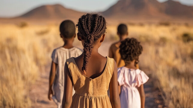 Four children walking on a dusty path through a dry, grassy landscape towards distant hills
