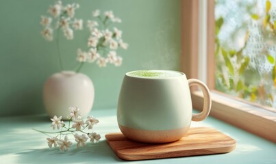 Fototapeta premium A white mug with green tea sits on a wooden tray