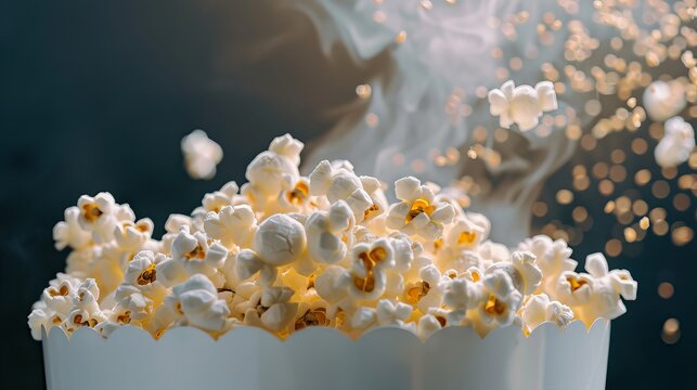 A machine works to pop corn as steam rises and kernels fly into the air. Pops are frequent as people enjoy snacks during a fun time at the movies