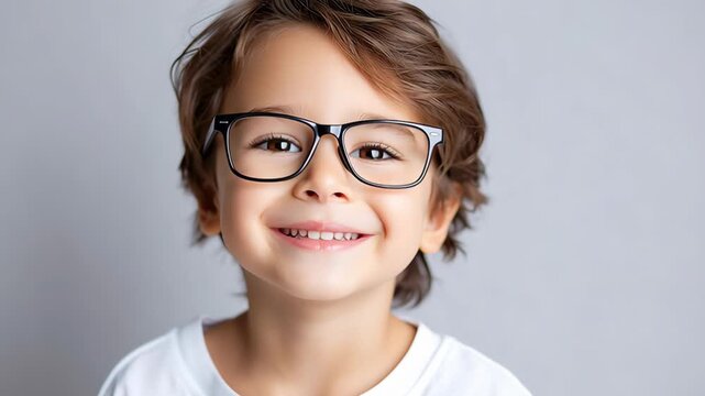 Clean studio portrait of a smiling young child wearing eyeglasses on a light background representing vision care early education and modern childhood lifestyle