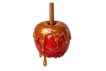 Obraz premium Caramel apple dripping sweet sticky sauce. Festive autumn and halloween snack on transparent background