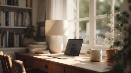 Fototapeta premium Wooden desk with a laptop and a lamp on it. the desk is in front of a large window with white curtains, allowing natural light to enter the room.