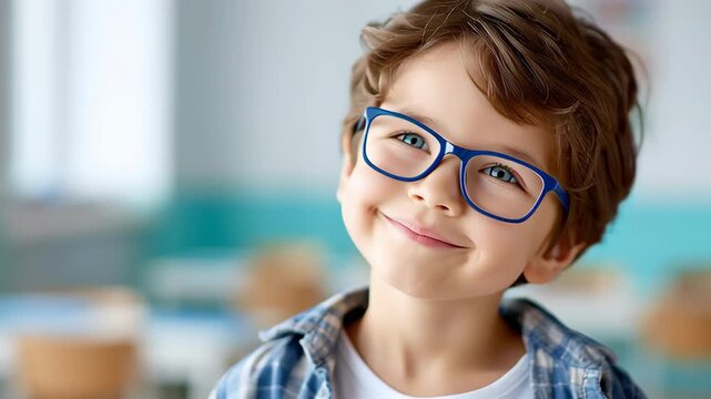 Smiling young boy wearing blue eyeglasses in a bright classroom representing vision care early education and confident modern childhood