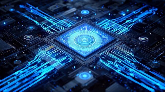 Futuristic circuit board with glowing blue patterns