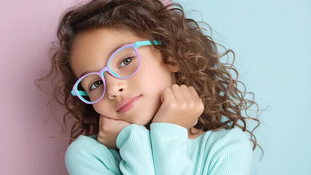 Bright studio portrait of a cute young girl with curly hair wearing colorful eyeglasses against a pastel background representing vision care and modern childhood
