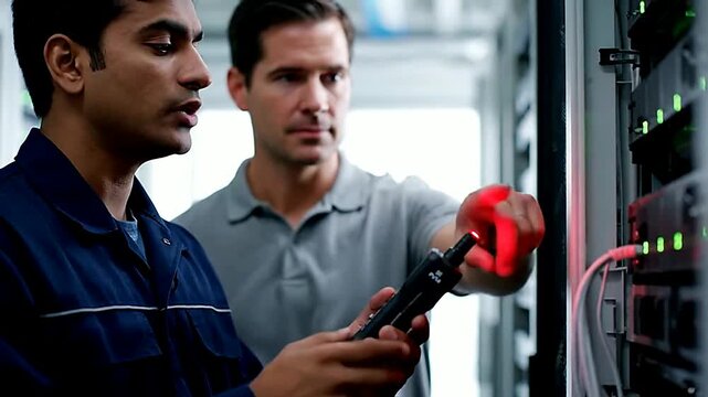 Close up of technicians checking fiber optics in server room or Close up of worker using tester on equipment in data center