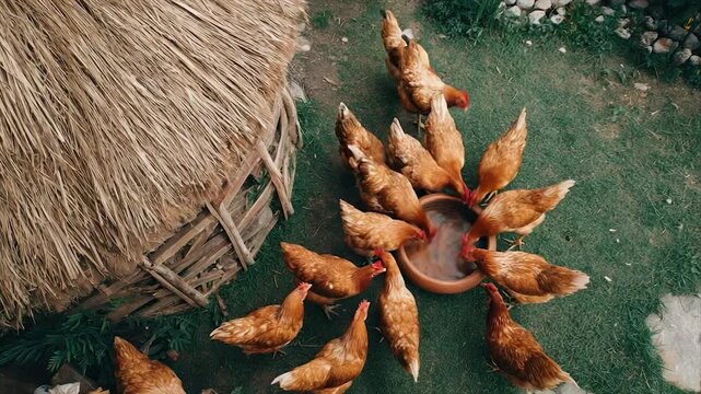 Overhead view of chickens gathered around a water bowl on grass, near a thatched structure