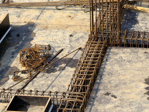 Rebar Mesh, Formwork, and Wooden Structures on Construction Slab