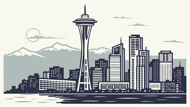 Monochrome Skyline View of Iconic Observation Tower and Urban Downtown Architecture Near Waterfront and Mountains seattle skyline