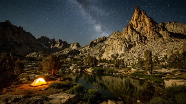 Nighttime panorama Lighted tent by a lake beneath a starry sky and impressive mountain range