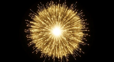 Fototapeta premium Abstract Golden Particle Explosion on Black Background, Glowing Sphere of Light and Radiating Beams for Luxury Celebration and Festive New Year Events