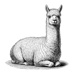 Fototapeta premium Sitting alpaca illustration, vintage woodcut style animal sketch